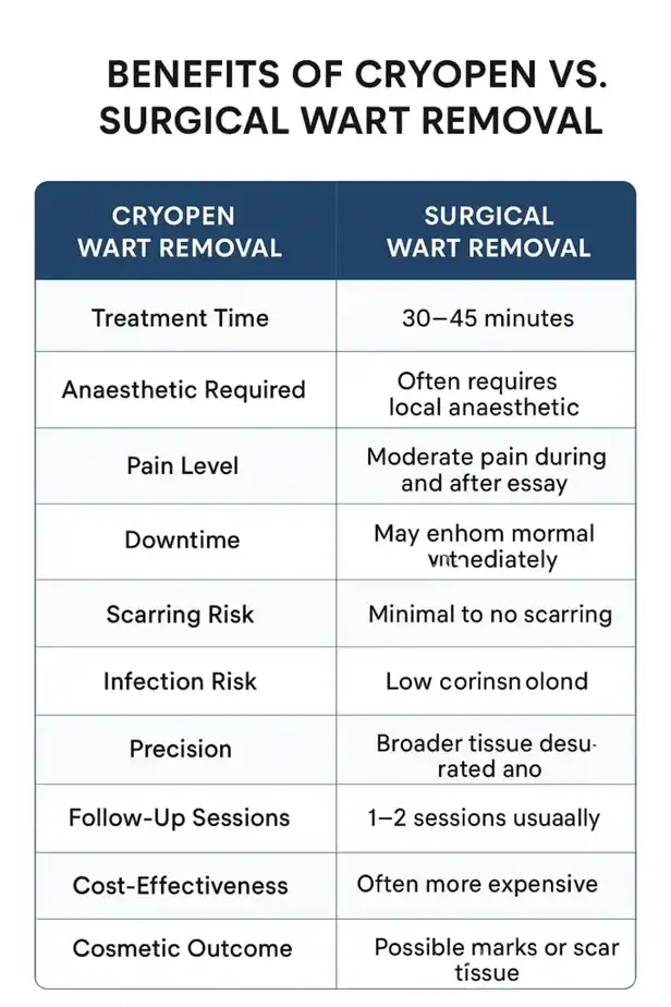 Table showing the benefits of cryopen to remove warts Little Bognor compared to surgical treatment